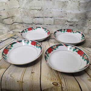 4 Tienshan Fine China Deck The Halls Soup Bowl Poinsettia Holly Ribbon 7.5"
